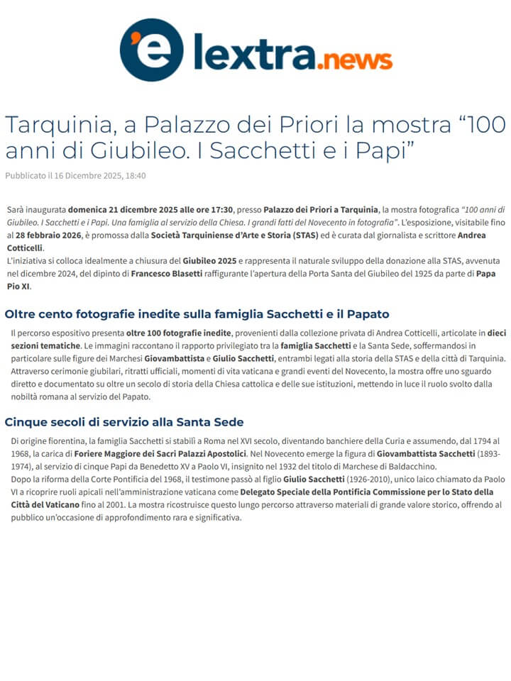 L’Extra News, 16 Dicembre 2025: Tarquinia, a Palazzo dei Priori la mostra “100 anni di Giubileo. I Sacchetti e i Papi”