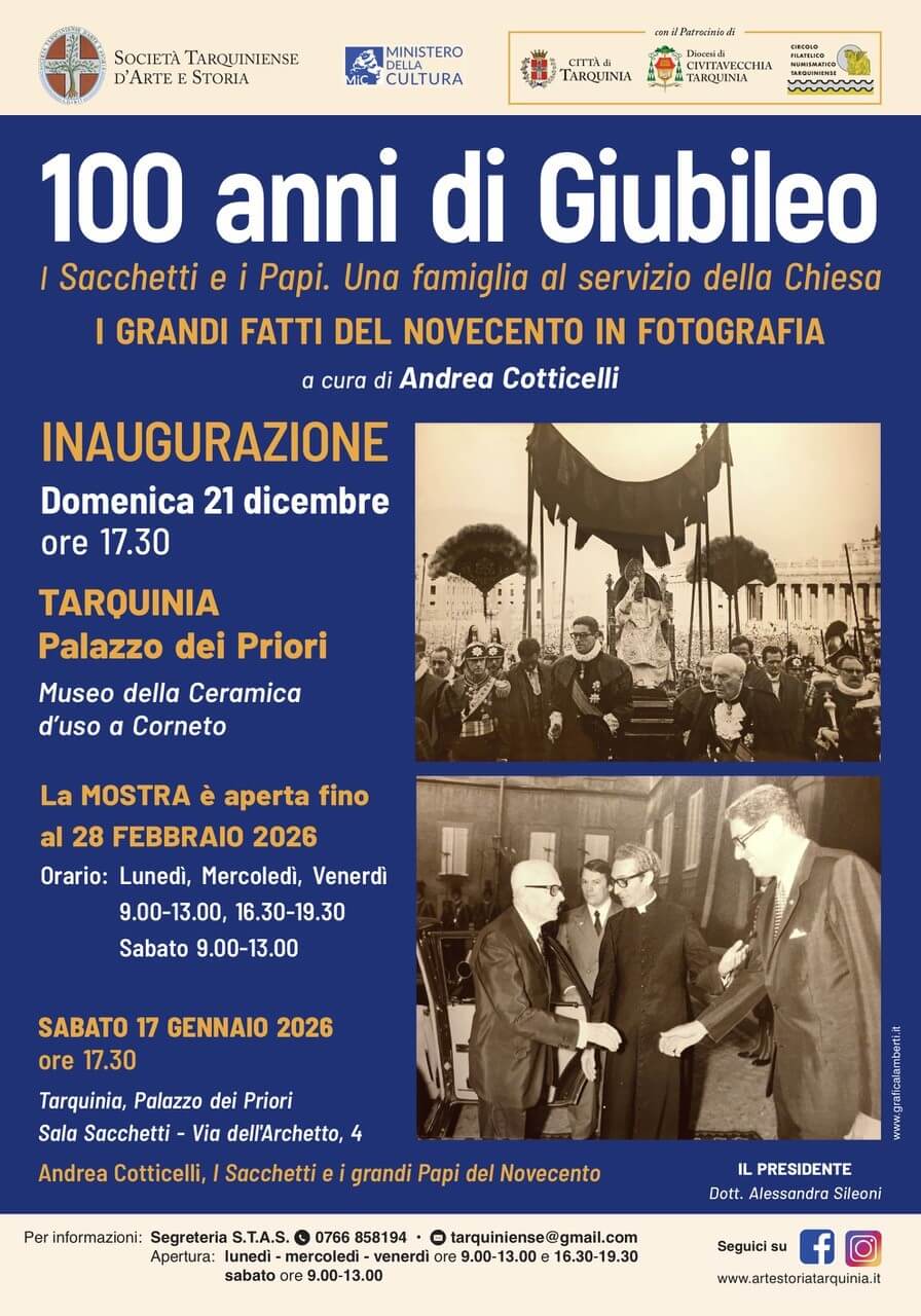 Andrea Cotticelli ha curato la Mostra “100 anni di Giubileo” che si terrà dal 21 Dicembre 2025 al 28 Febbraio 2026 al Palazzo dei Priori di Tarquinia