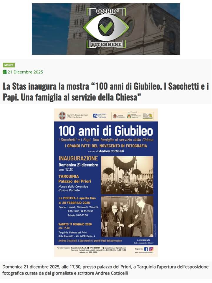 Occhio Viterbese, 16 Dicembre 2025: La STAS inaugura la mostra “100 anni di Giubileo. I Sacchetti e i Papi. Una famiglia al servizio della Chiesa”