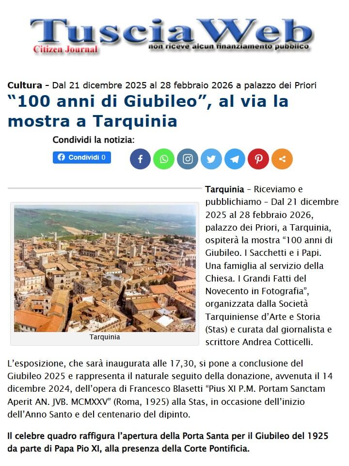 Tuscia Web, 16 Dicembre 2025: “100 anni di Giubileo”, al via la mostra a Tarquinia