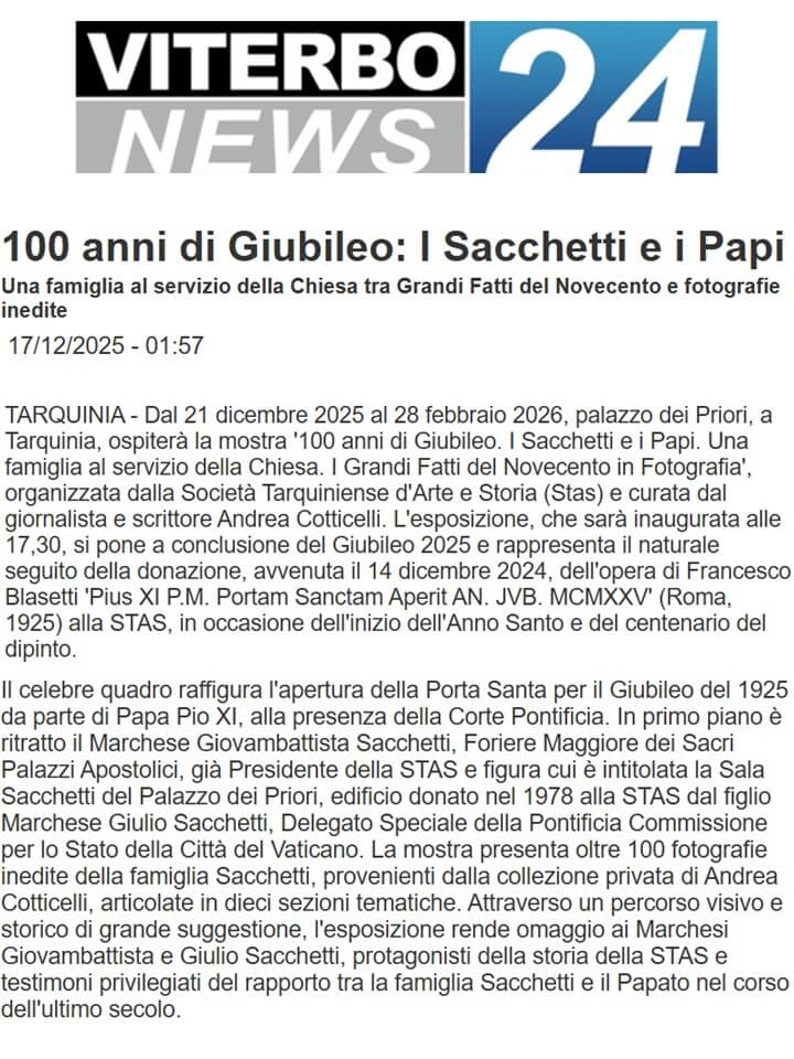 Viterbo News24, 17 Dicembre 2025: 100 anni di Giubileo: I Sacchetti e i Papi