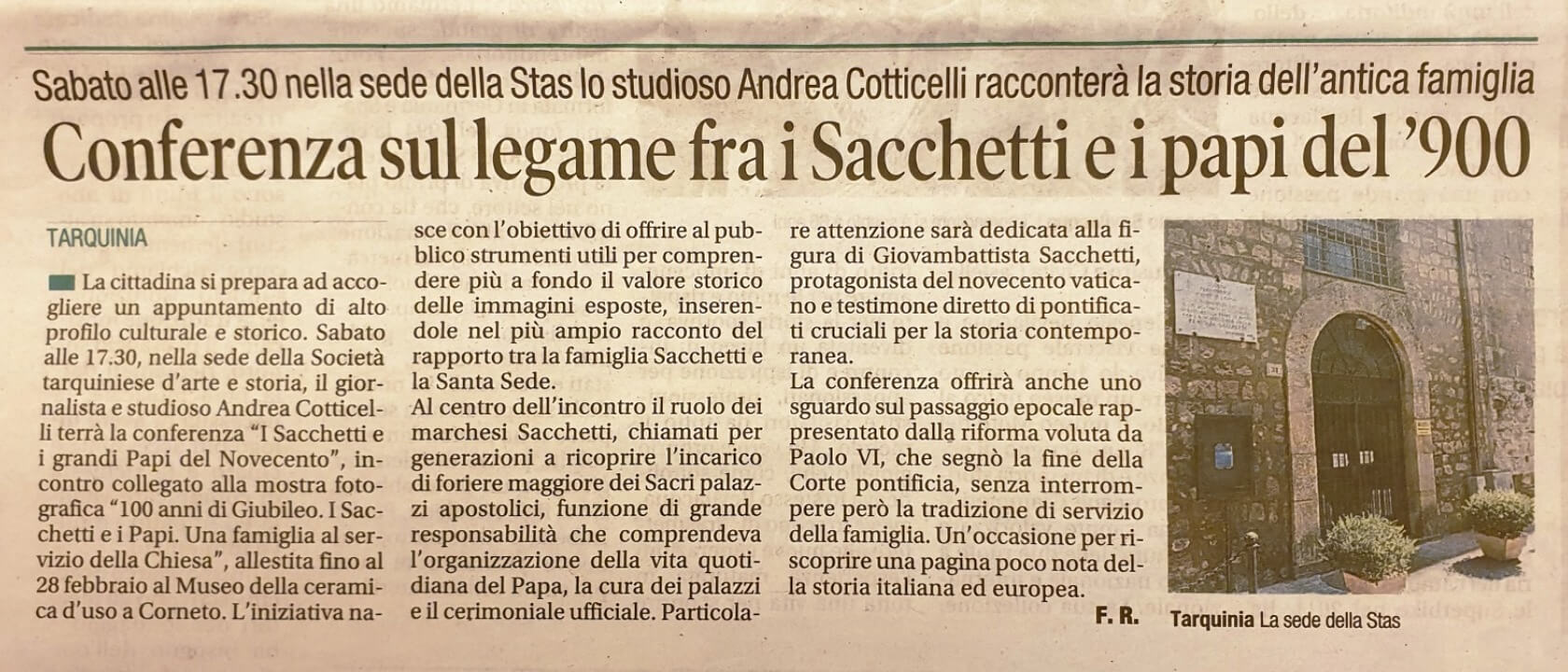 Corriere di Viterbo: Conferenza sul legame fra i Sacchetti e i papi del ‘900