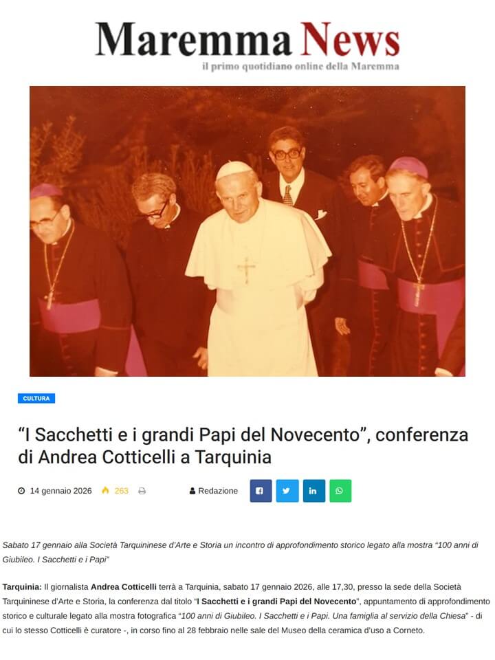 Maremma News, 14 Gennaio 2026: “I Sacchetti e i grandi Papi del Novecento”, conferenza di Andrea Cotticelli a Tarquinia