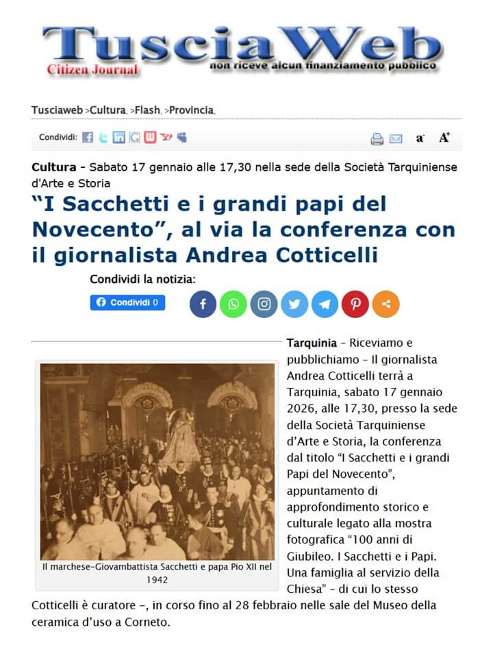 Tuscia Web, 13 Gennaio 2026: “I Sacchetti e i grandi Papi del Novecento”, al via la conferenza con il giornalista Andrea Cotticelli